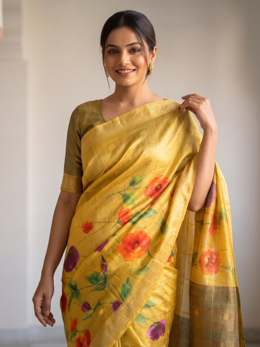 Peachmode Yellow Soft Cotton Chex Jacquard Saree With Kalamkari Weaving Butti And Digital Floral Print - Image 5