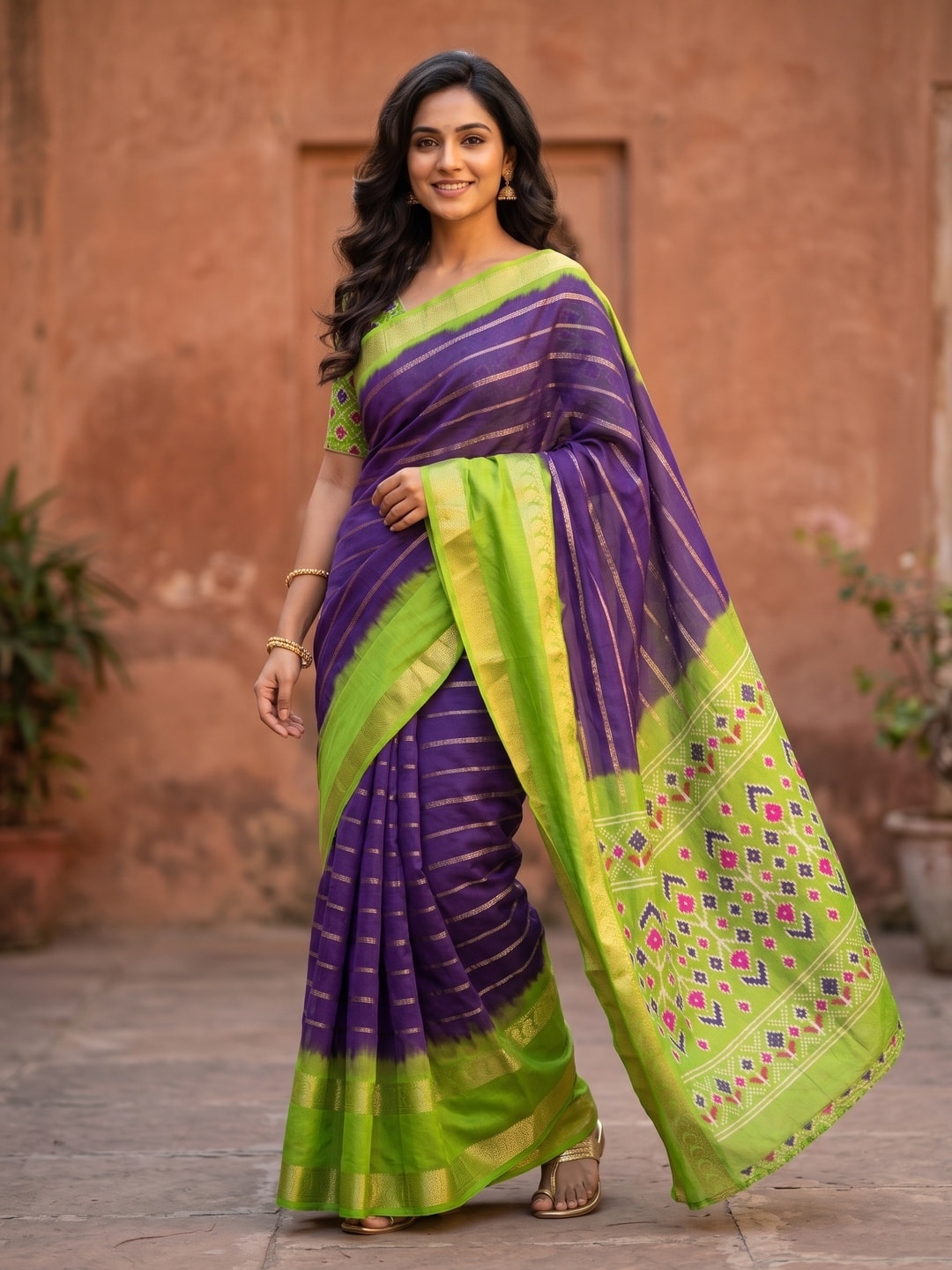 Peachmode Purple Soft Cotton Weaving Lining Zari Jacquard Saree With Patola Design - Image 1
