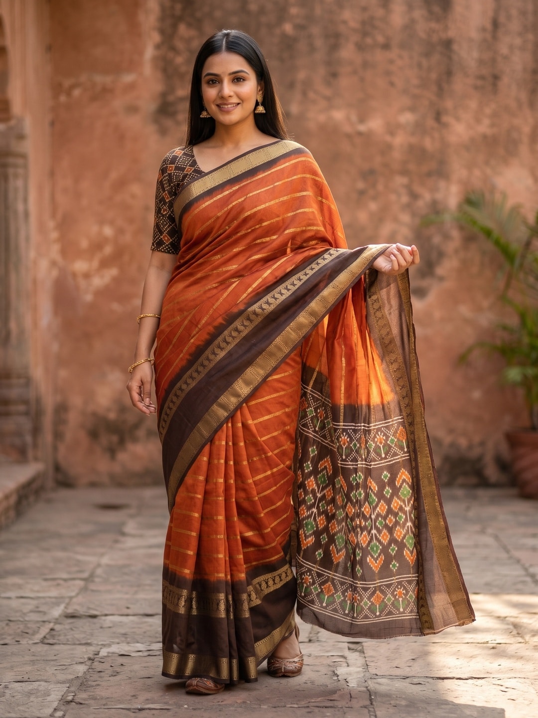 Peachmode Orange Soft Cotton Weaving Lining Zari Jacquard Saree With Patola Design - Image 1