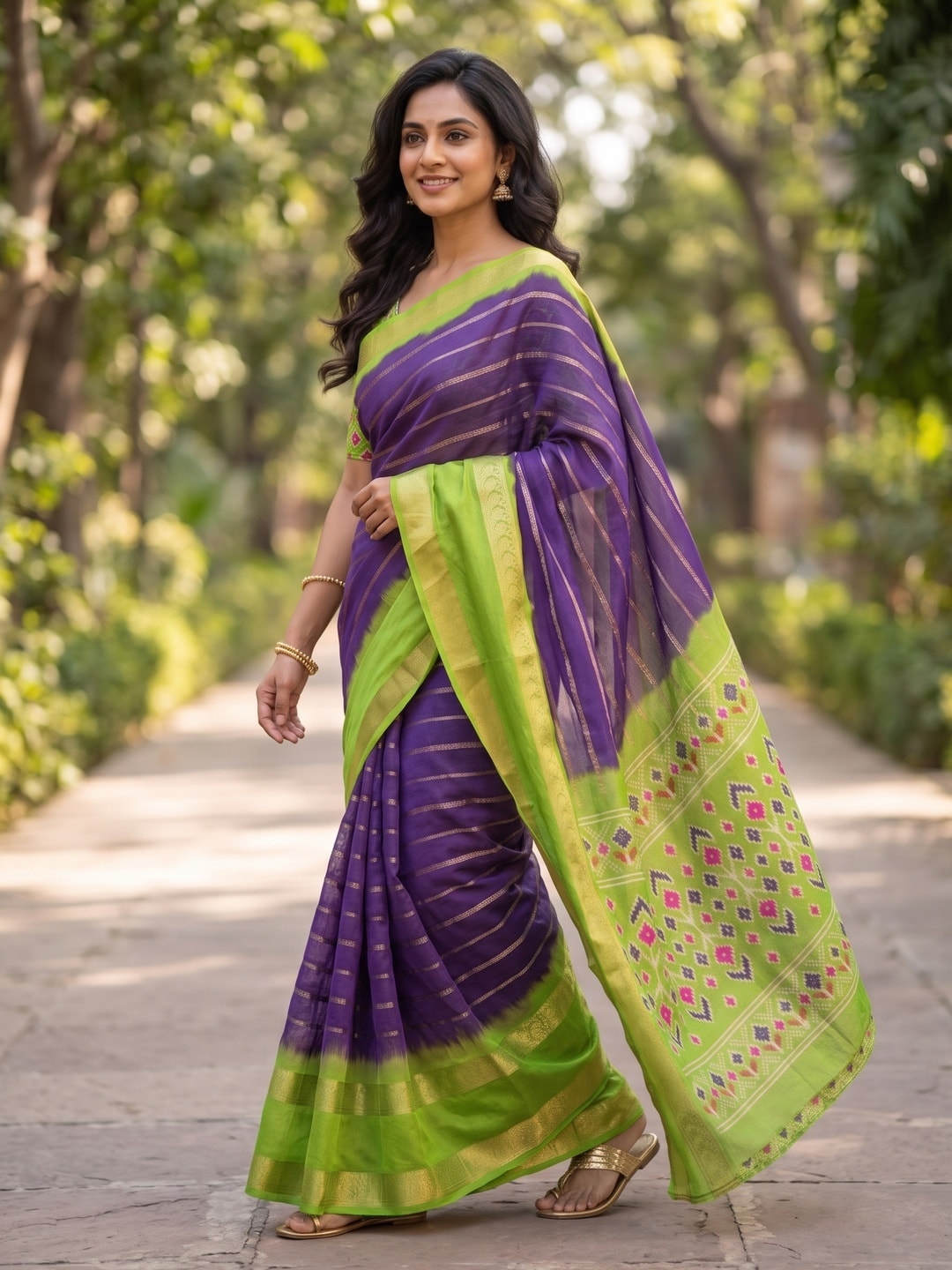 Peachmode Purple Soft Cotton Weaving Lining Zari Jacquard Saree With Patola Design - Image 3