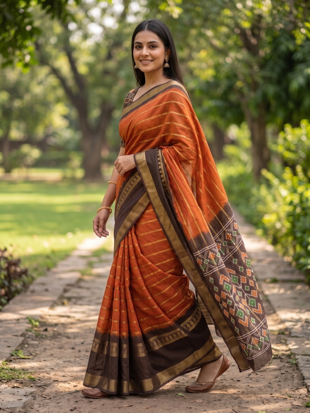 Peachmode Orange Soft Cotton Weaving Lining Zari Jacquard Saree With Patola Design - Image 3