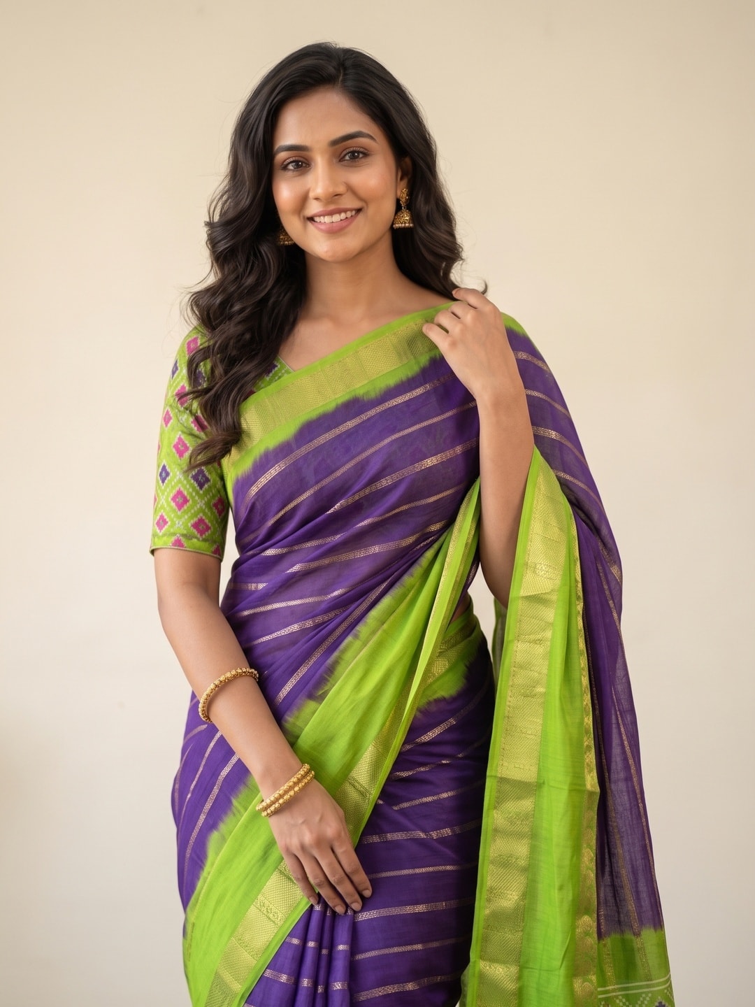 Peachmode Purple Soft Cotton Weaving Lining Zari Jacquard Saree With Patola Design - Image 5