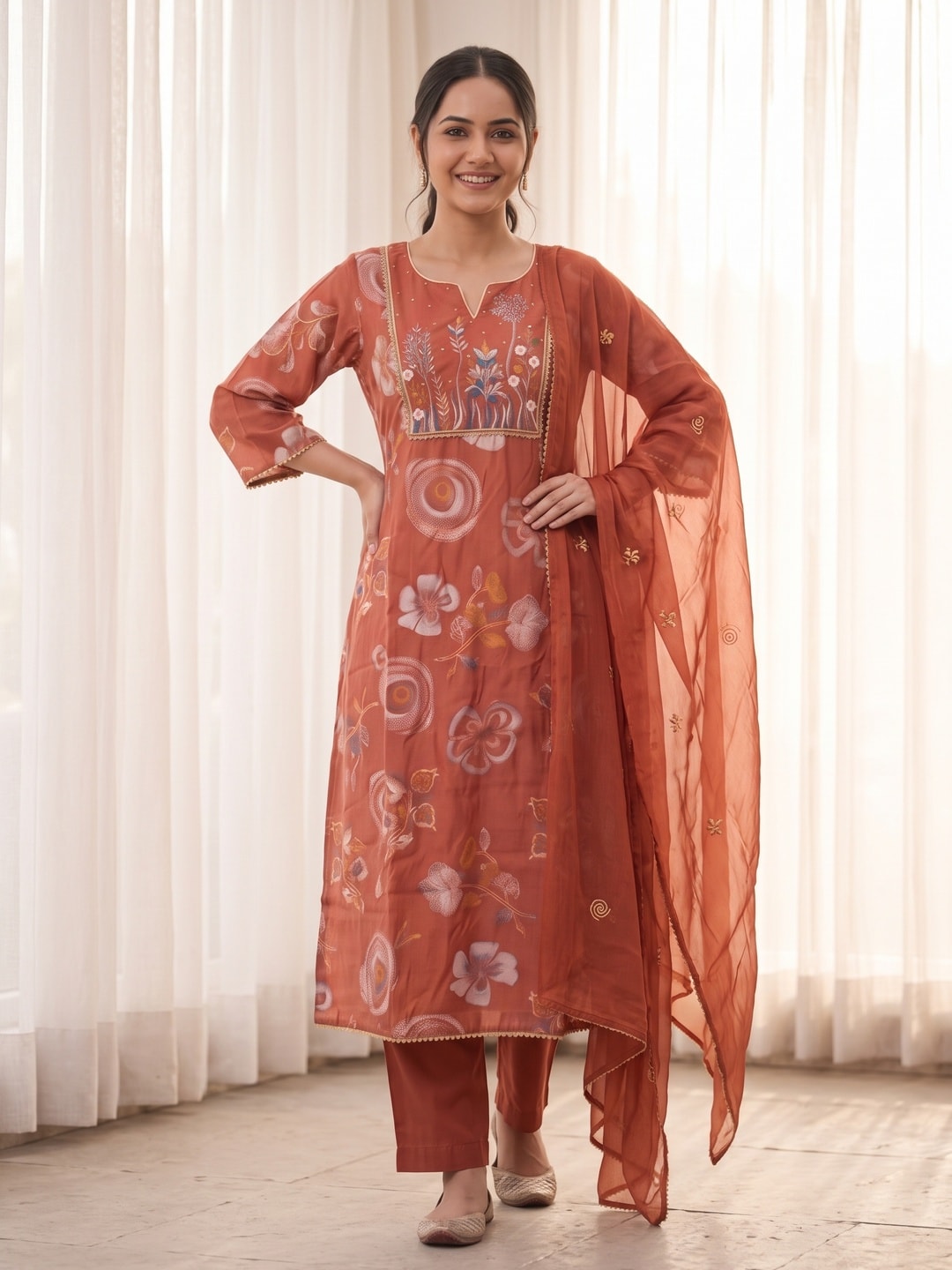 Peachmode Rust Viscose Blend Printed Salwar Suit with Embroidered Dupatta - Image 1