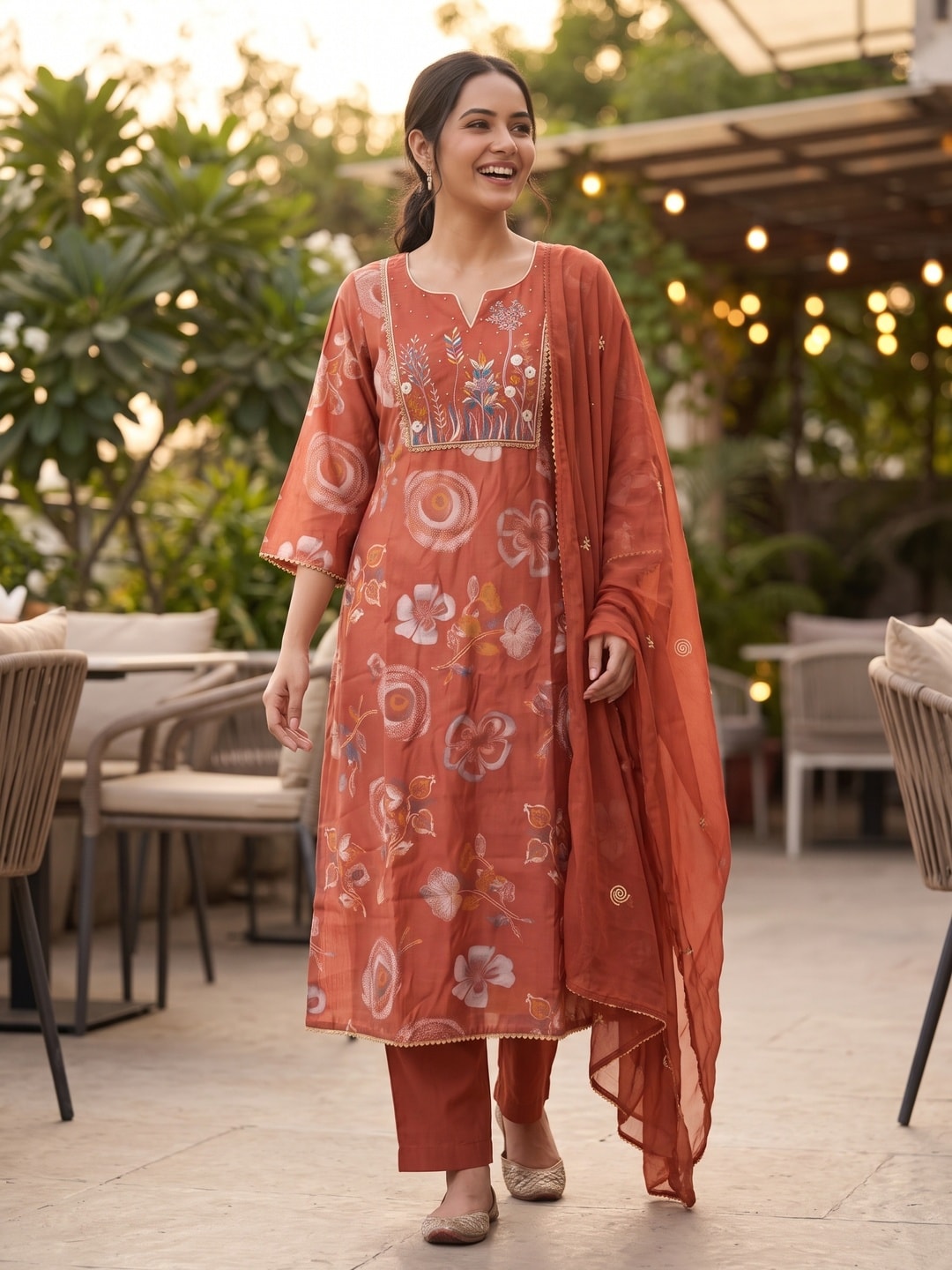 Peachmode Rust Viscose Blend Printed Salwar Suit with Embroidered Dupatta - Image 2