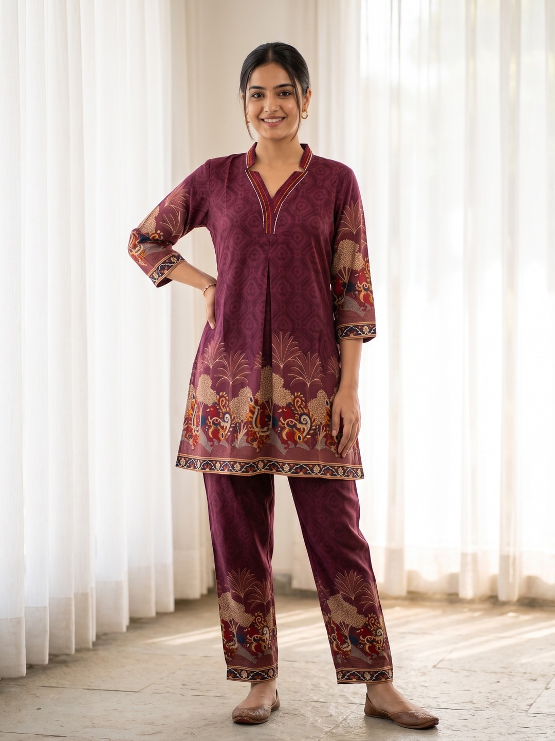 Peachmode Purple Rayon Printed Kurti with Pants Co-ord Set - Image 1