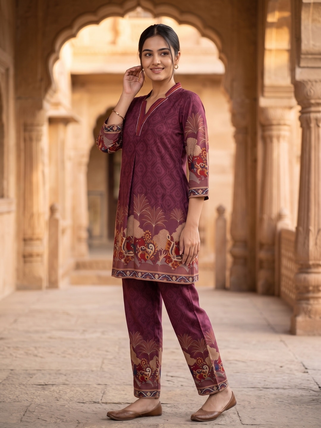 Peachmode Purple Rayon Printed Kurti with Pants Co-ord Set - Image 3