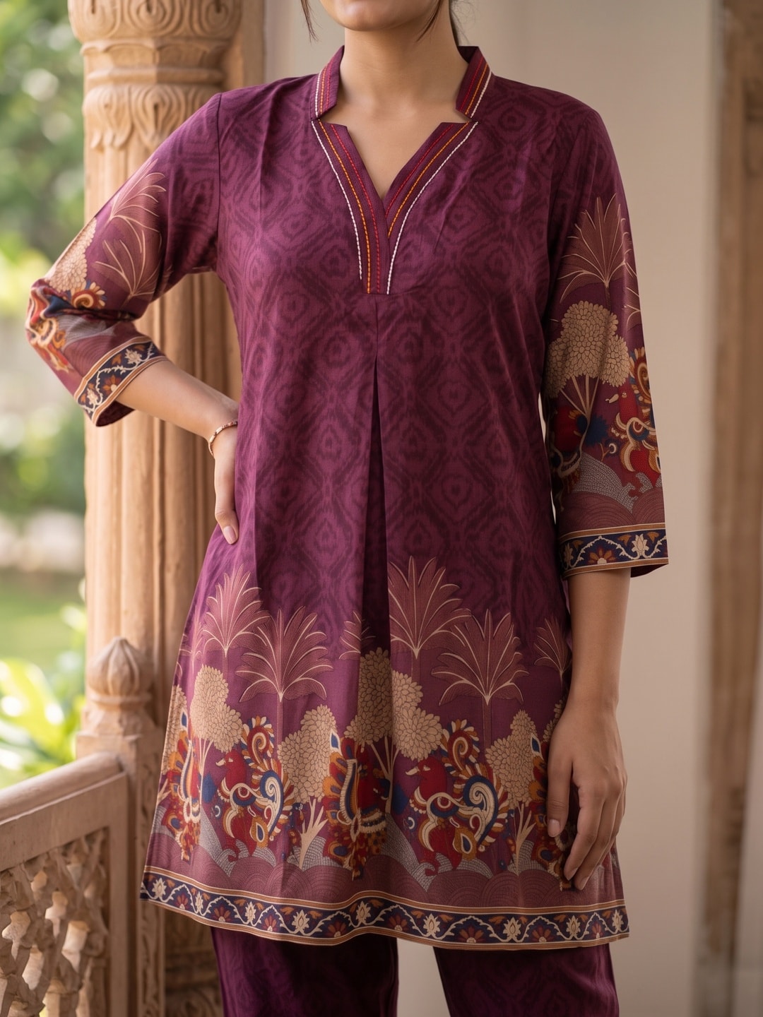 Peachmode Purple Rayon Printed Kurti with Pants Co-ord Set - Image 5