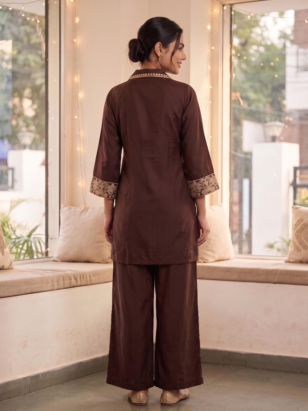 Peachmode Brown Chinon Embroidered Kurti with Palazzo Co-ord Set - Image 4
