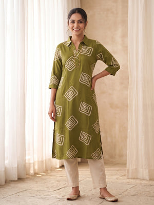 Peachmode Olive Green Rayon Printed Shirt Collar Kurti