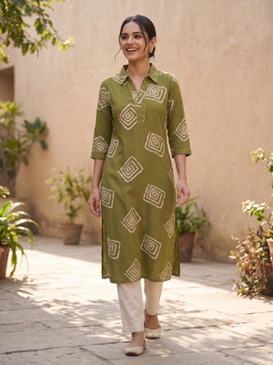 Peachmode Olive Green Rayon Printed Shirt Collar Kurti - Image 1