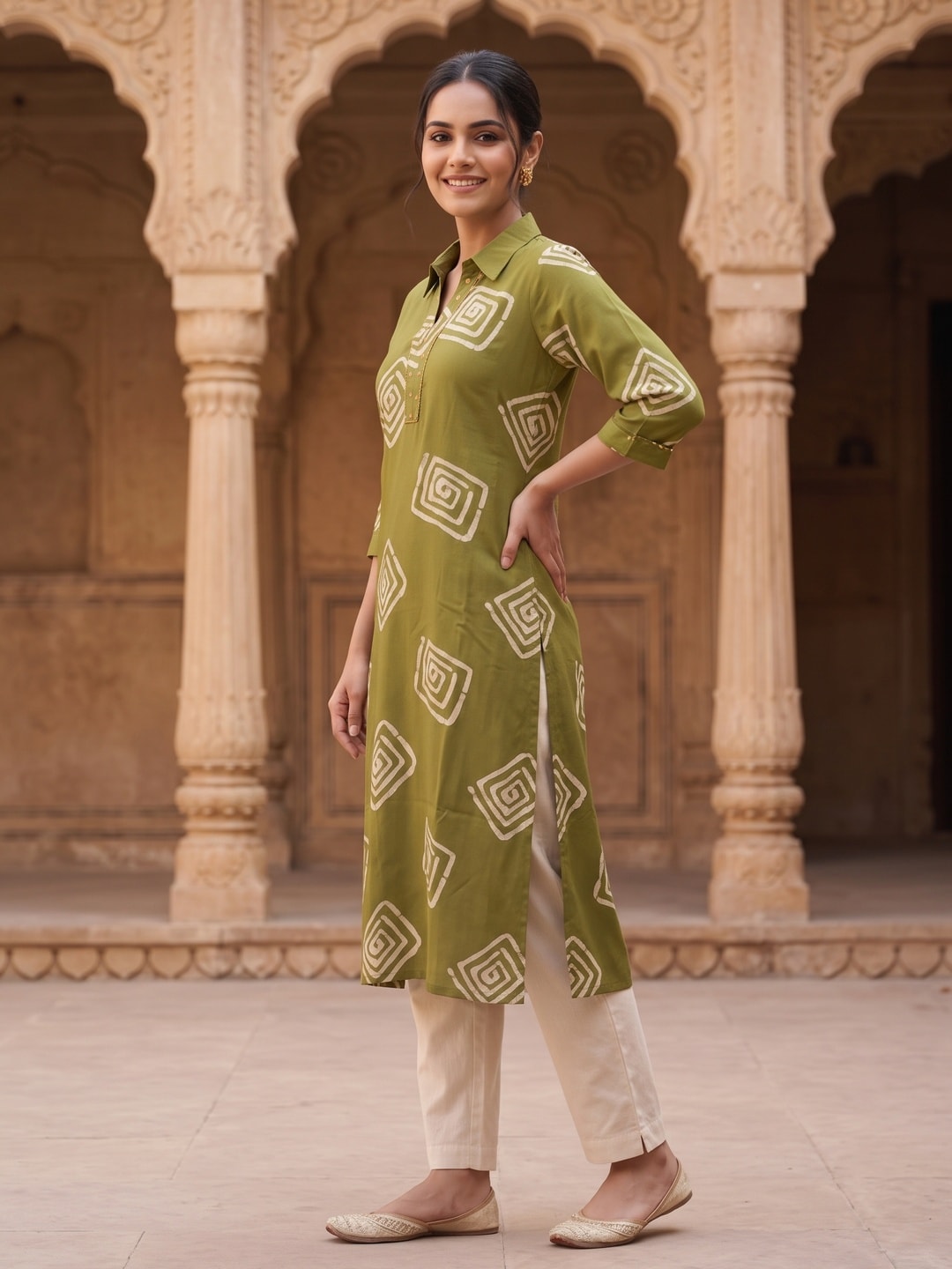 Peachmode Olive Green Rayon Printed Shirt Collar Kurti - Image 2