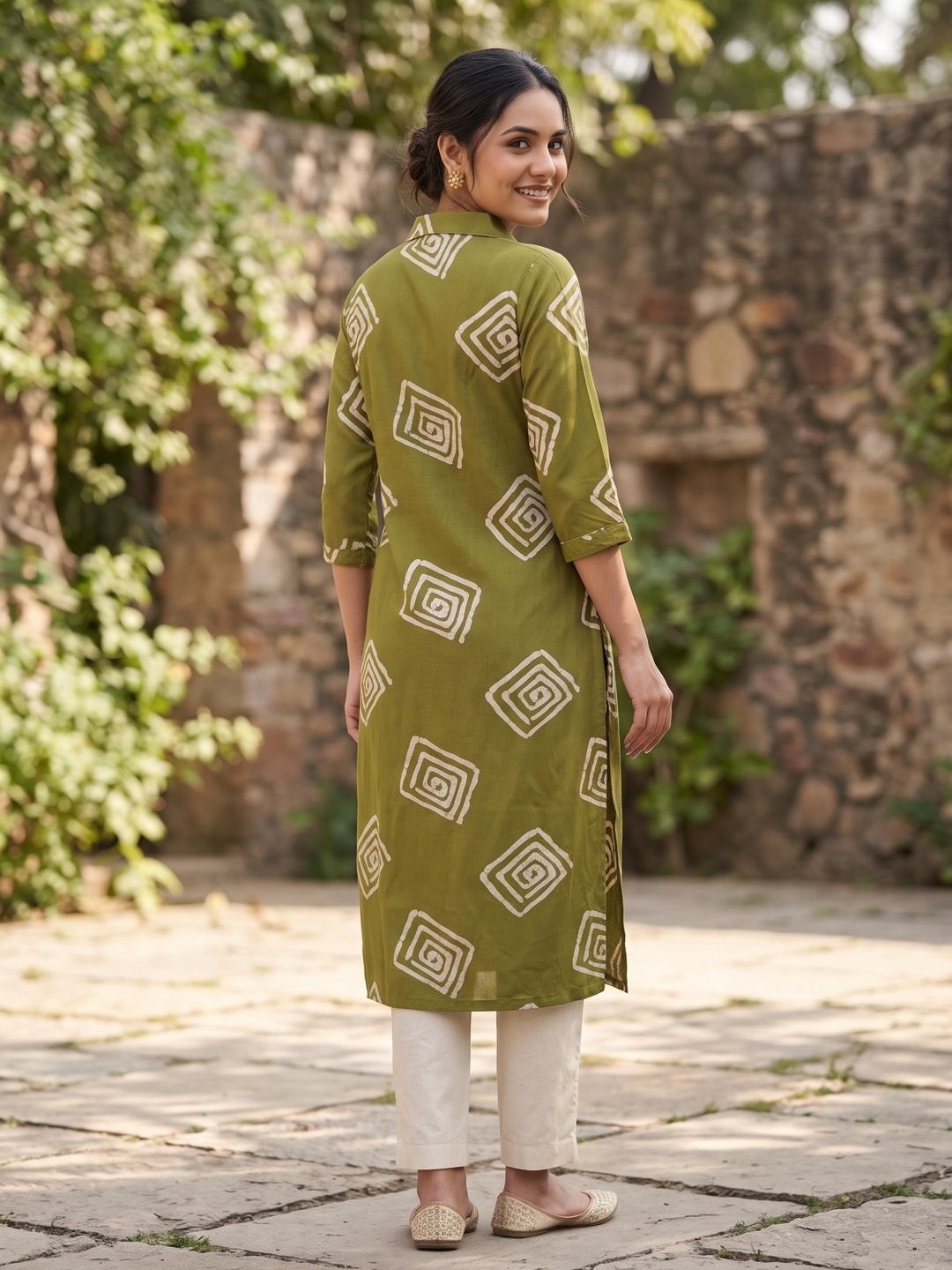 Peachmode Olive Green Rayon Printed Shirt Collar Kurti - Image 3