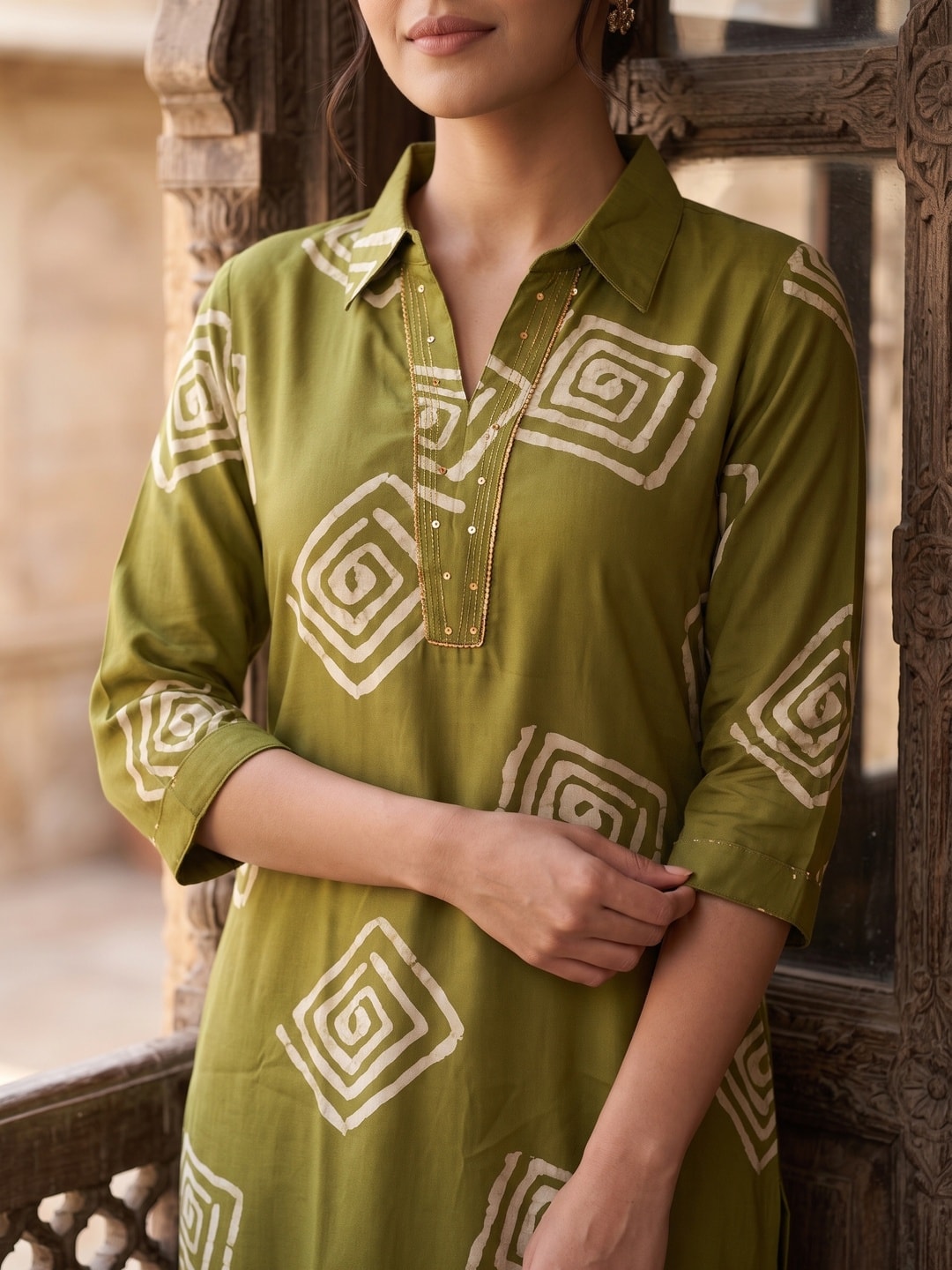 Peachmode Olive Green Rayon Printed Shirt Collar Kurti - Image 4