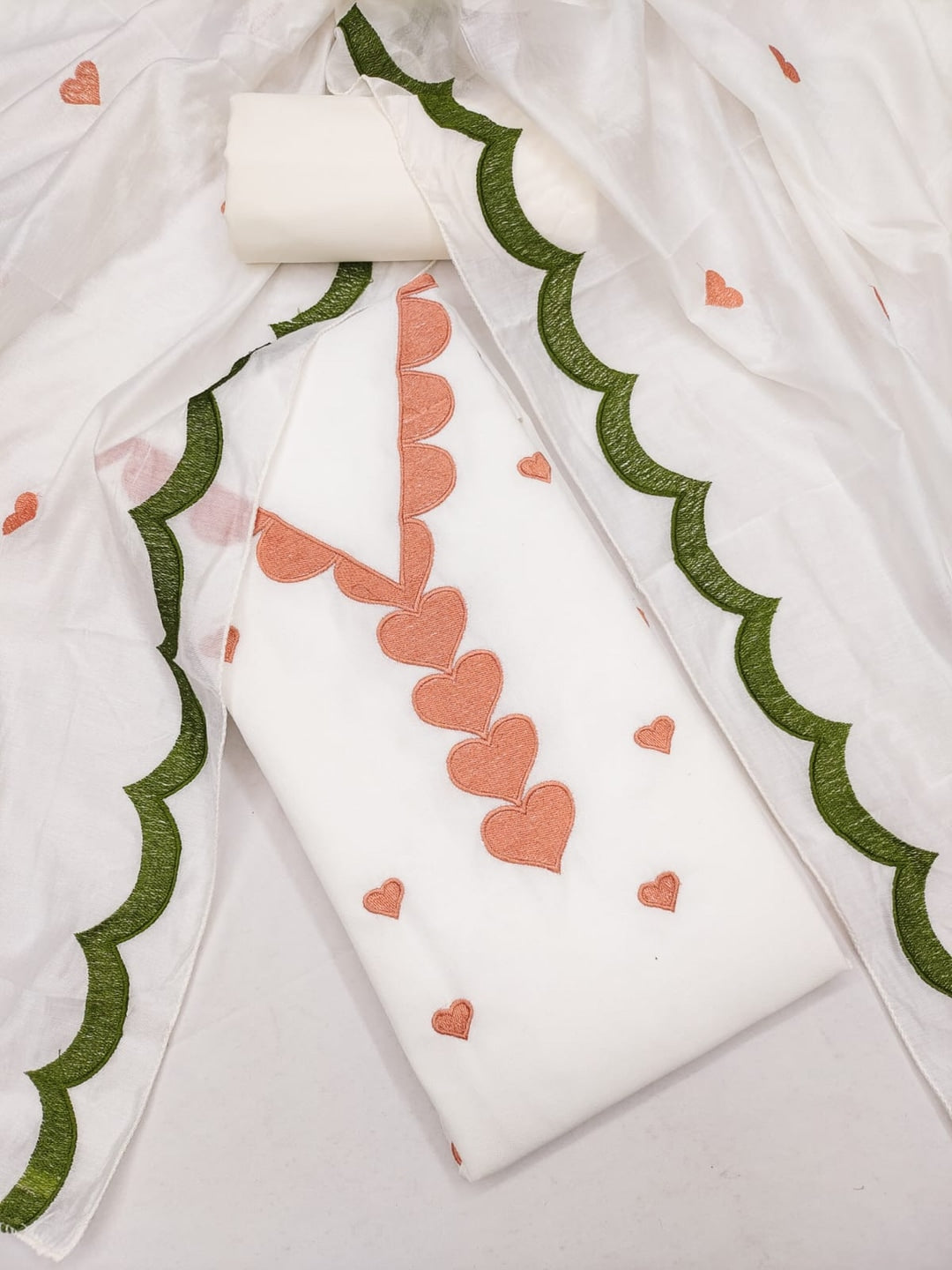 Peachmode White Poly Rayon Unstitched Dress Material With Heart Motif Embroidery And Scalloped Chanderi Dupatta - Image 1