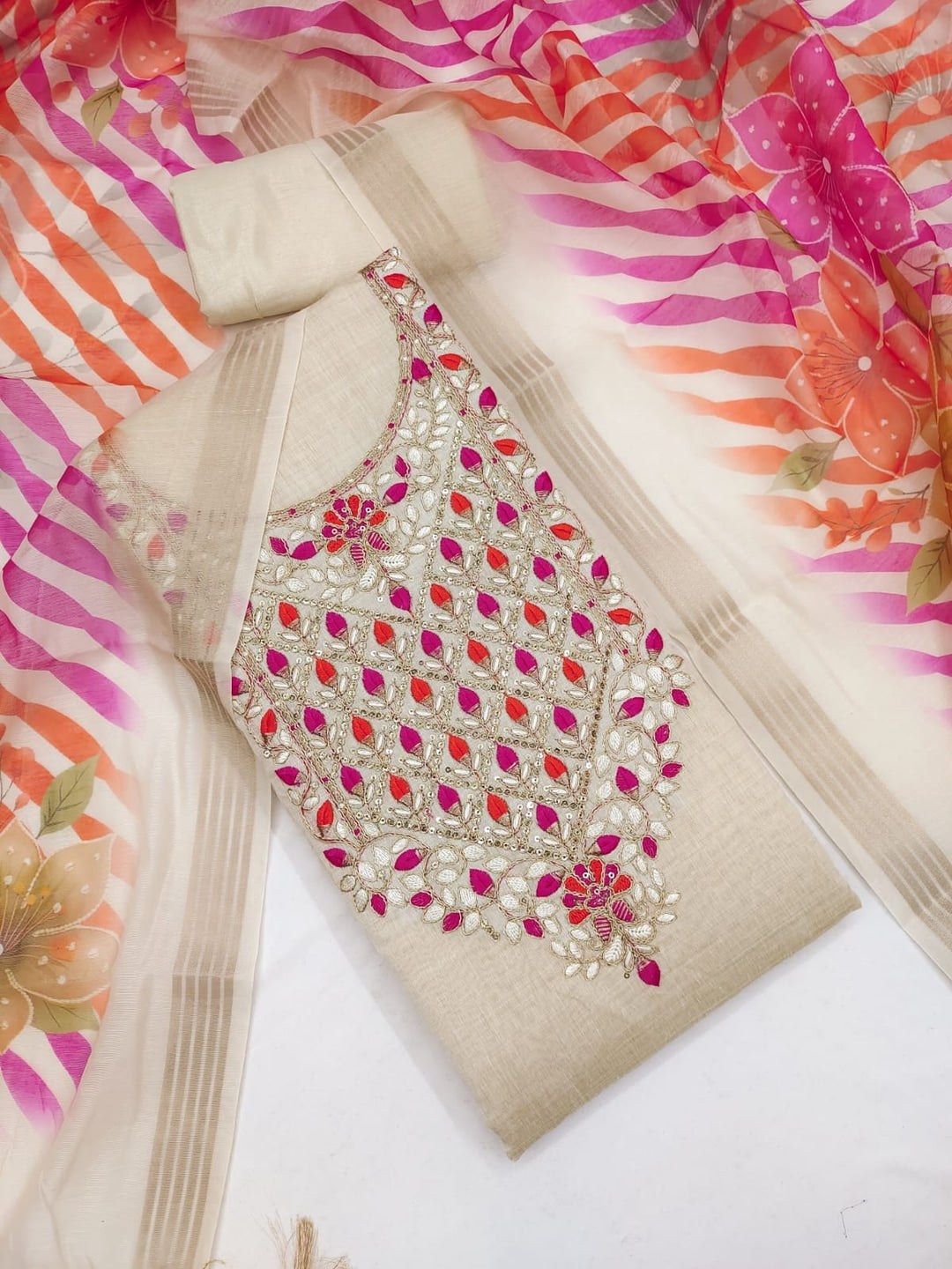 Peachmode Cream Jamdani Cotton Unstitched Dress Material With Sequence Work Yoke And Organza Silk Digital Print Dupatta - Image 1