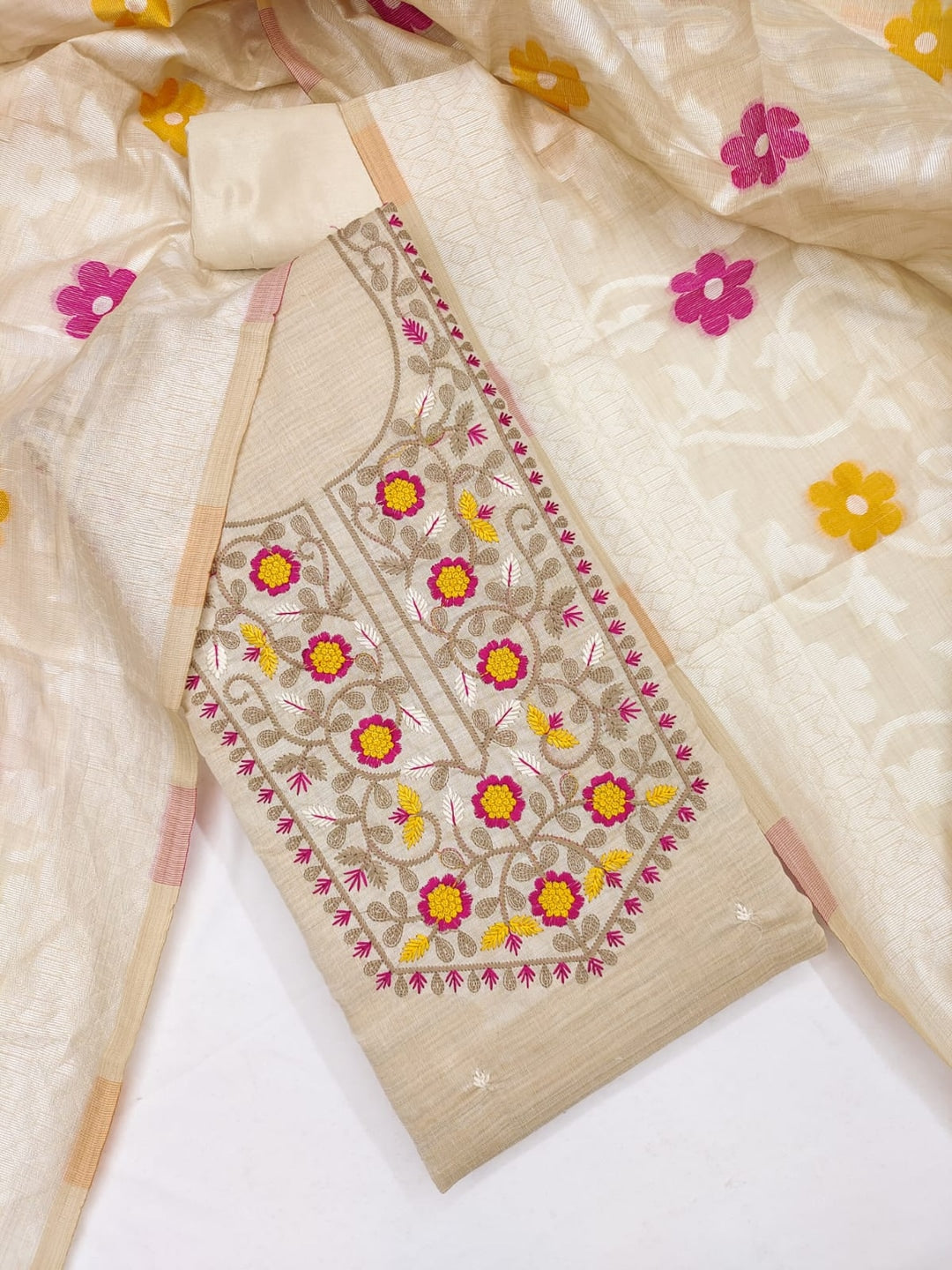 Peachmode Cream Jamdani Cotton Unstitched Dress Material With Multi Thread Work Yoke And Jamdani Zari Dupatta - Image 1