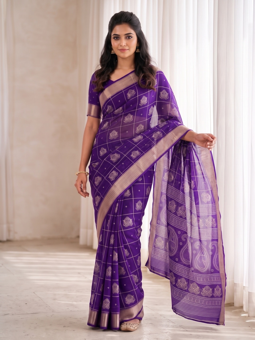 Peachmode Purple Paisley Moss Georgette Digital Printed Saree With Zari Border - Image 1