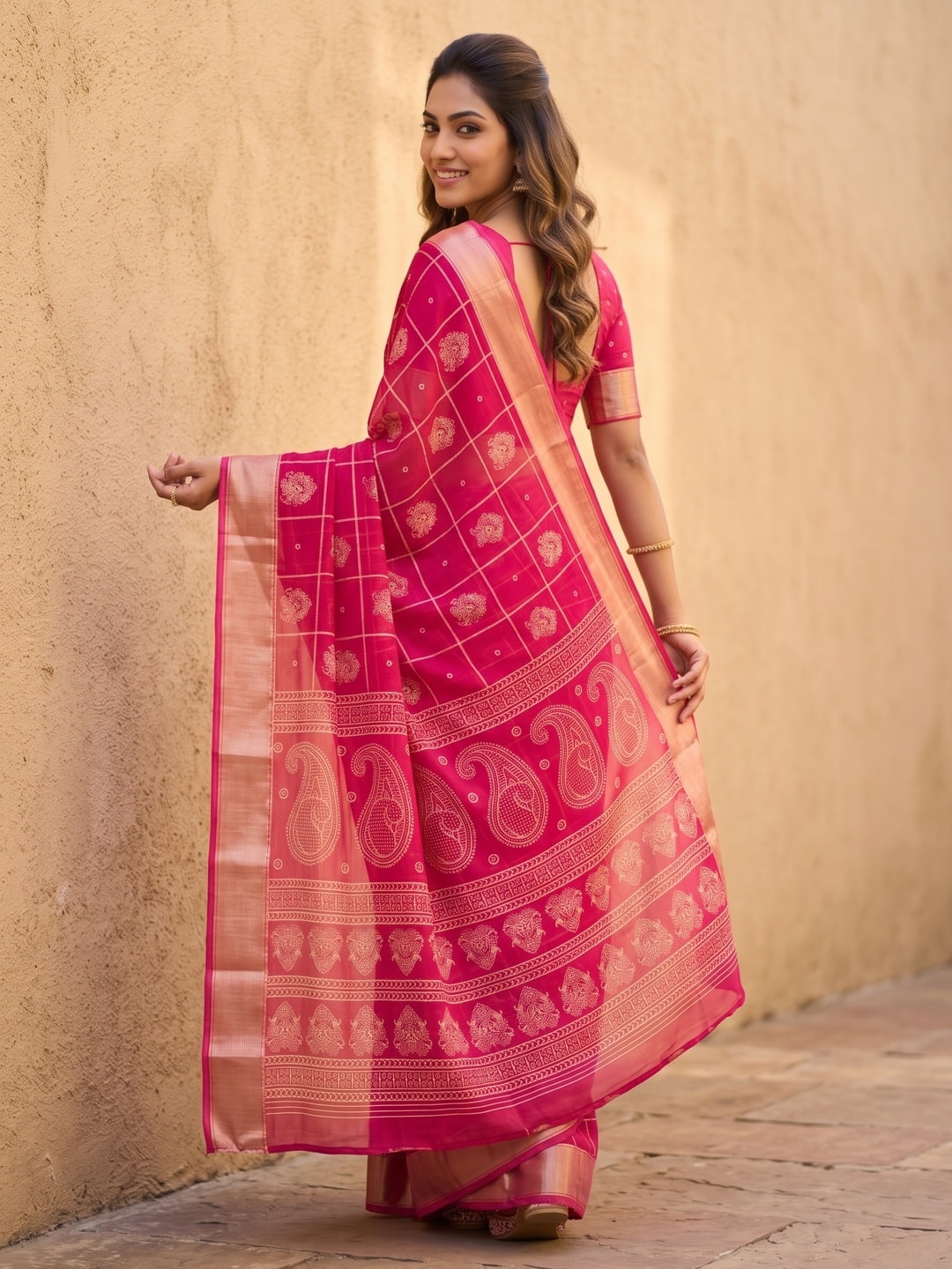 Peachmode Rani Pink Paisley Moss Georgette Digital Printed Saree With Zari Border - Image 2