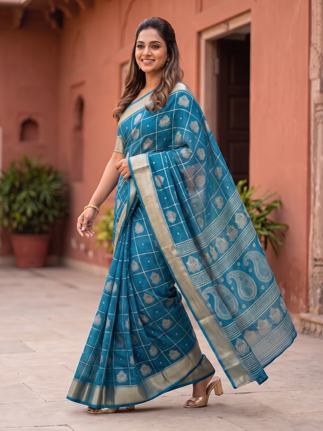 Peachmode Blue Paisley Moss Georgette Digital Printed Saree With Zari Border - Image 3