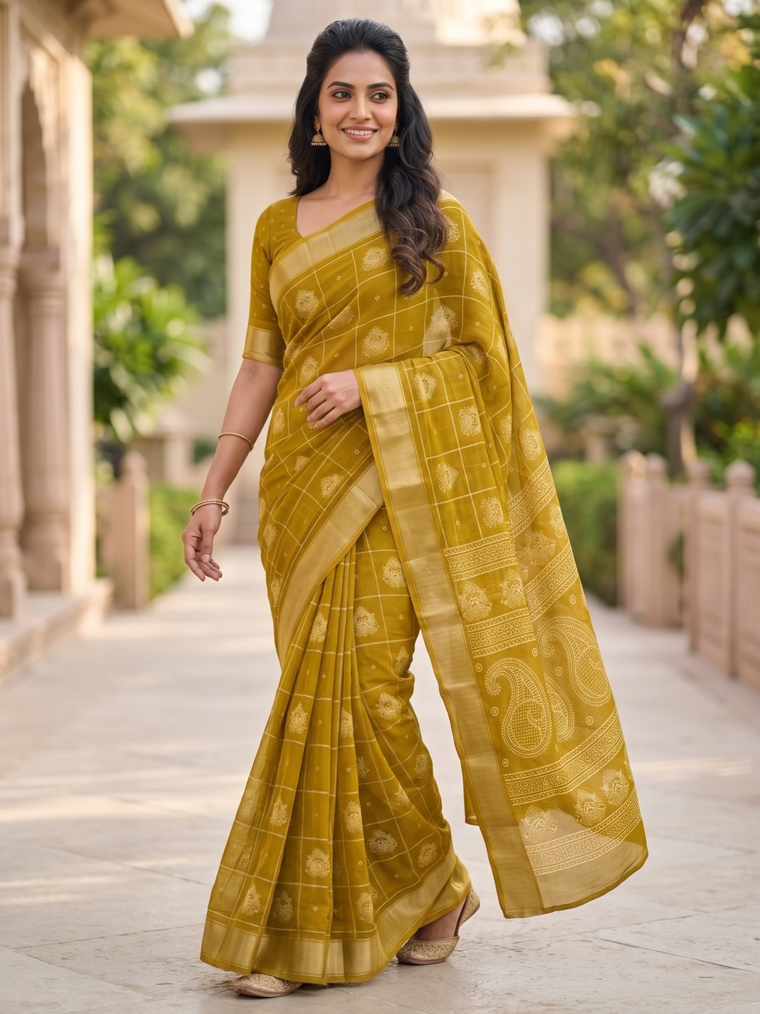 Peachmode Mustard Paisley Moss Georgette Digital Printed Saree With Zari Border - Image 3