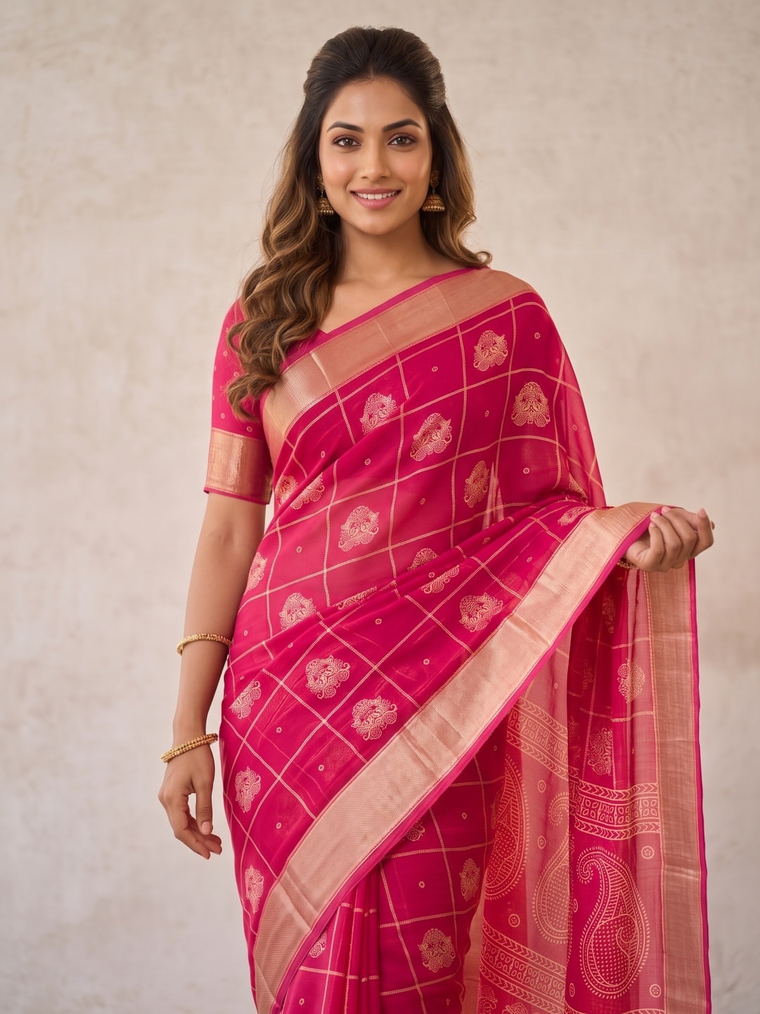 Peachmode Rani Pink Paisley Moss Georgette Digital Printed Saree With Zari Border - Image 5