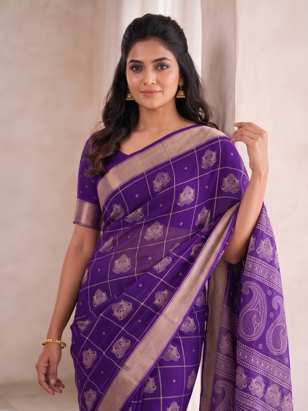 Peachmode Purple Paisley Moss Georgette Digital Printed Saree With Zari Border - Image 5