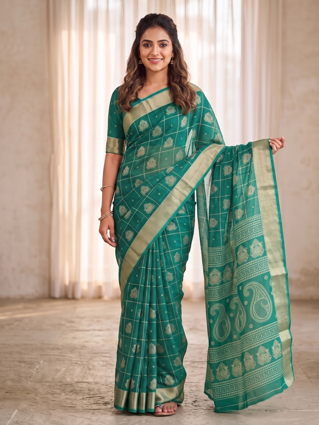 Peachmode Green Paisley Moss Georgette Digital Printed Saree With Zari Border - Image 1