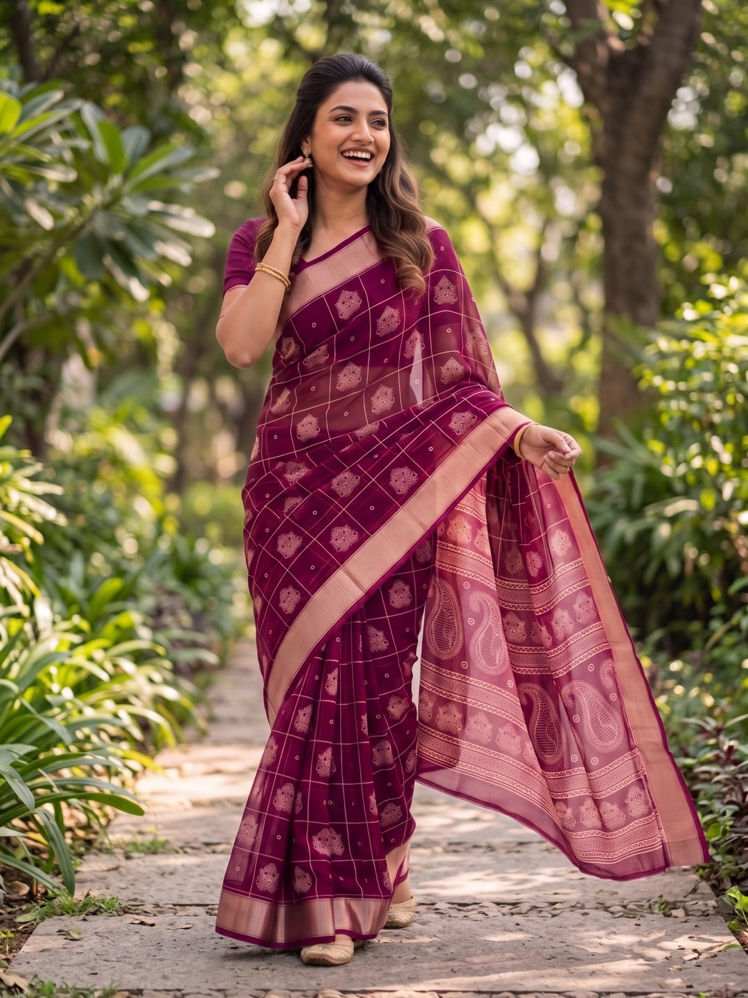 Peachmode Wine Paisley Moss Georgette Digital Printed Saree With Zari Border - Image 4