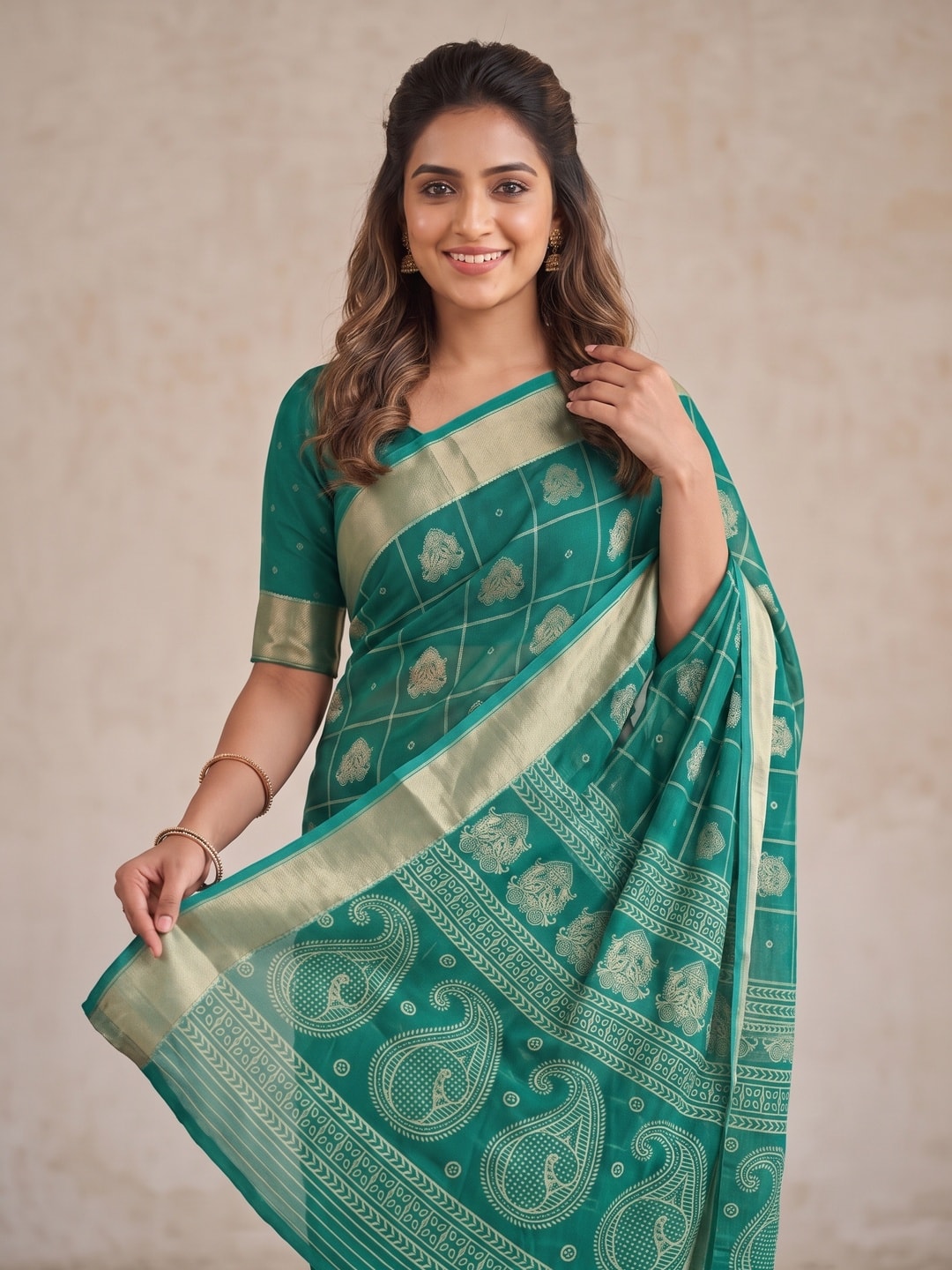 Peachmode Green Paisley Moss Georgette Digital Printed Saree With Zari Border - Image 5