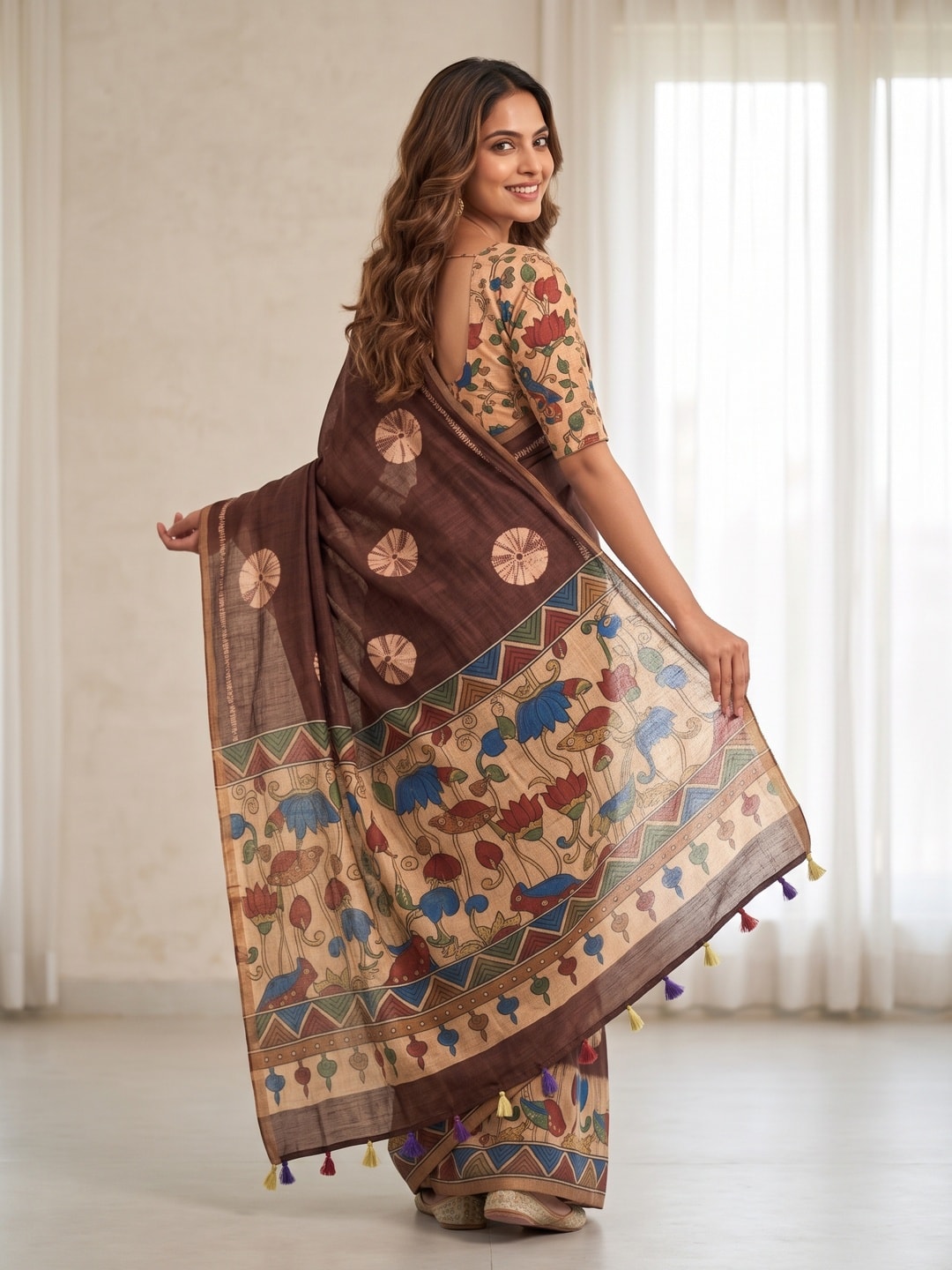 Peachmode Coffee Brown Tie Dye Printed Linen Saree With Zari Border - Image 2