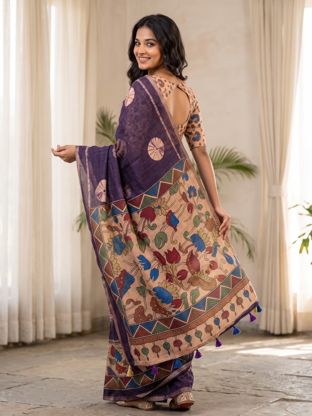 Peachmode Purple Tie Dye Printed Linen Saree With Zari Border - Image 2