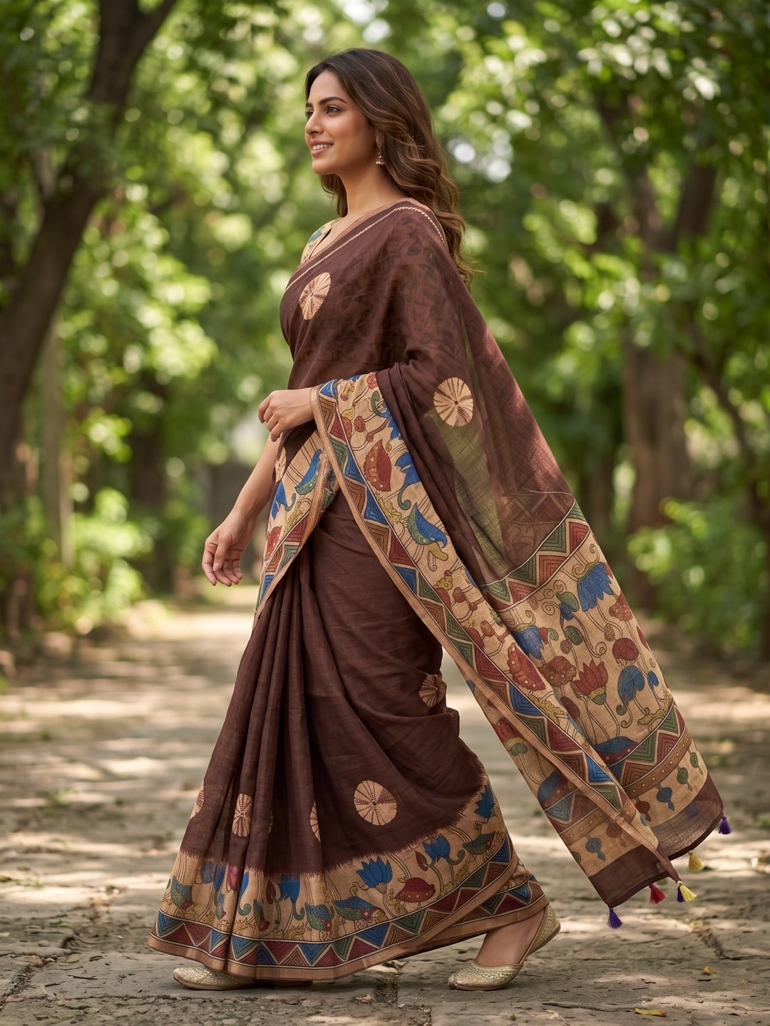 Peachmode Coffee Brown Tie Dye Printed Linen Saree With Zari Border - Image 3