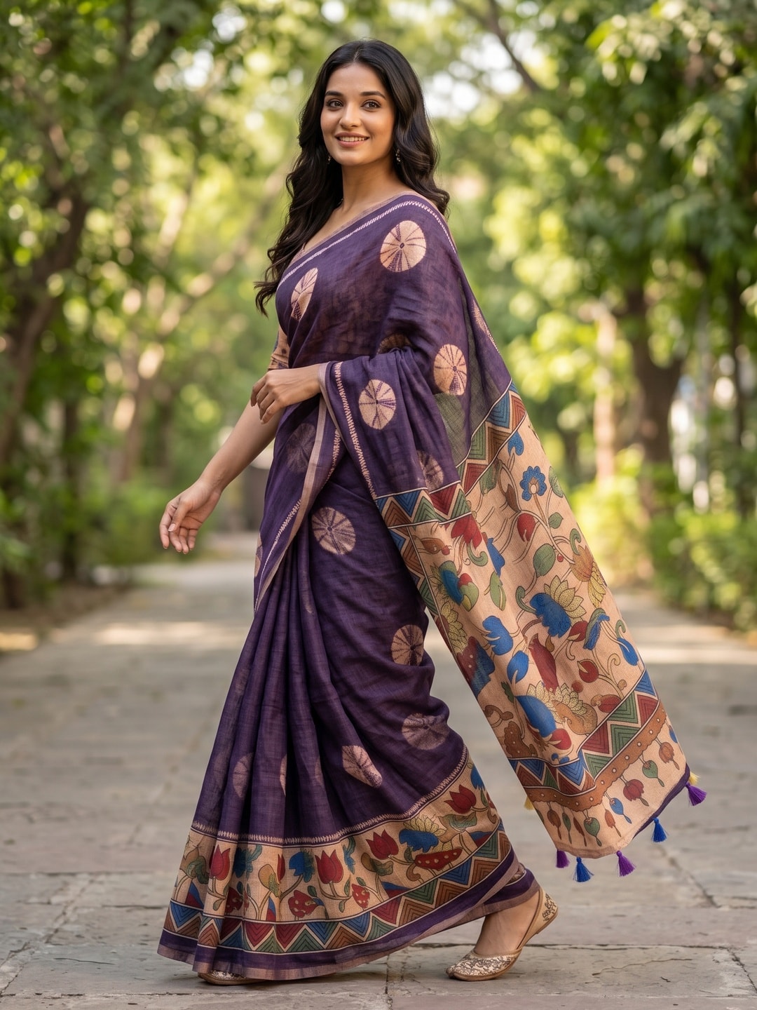 Peachmode Purple Tie Dye Printed Linen Saree With Zari Border - Image 3