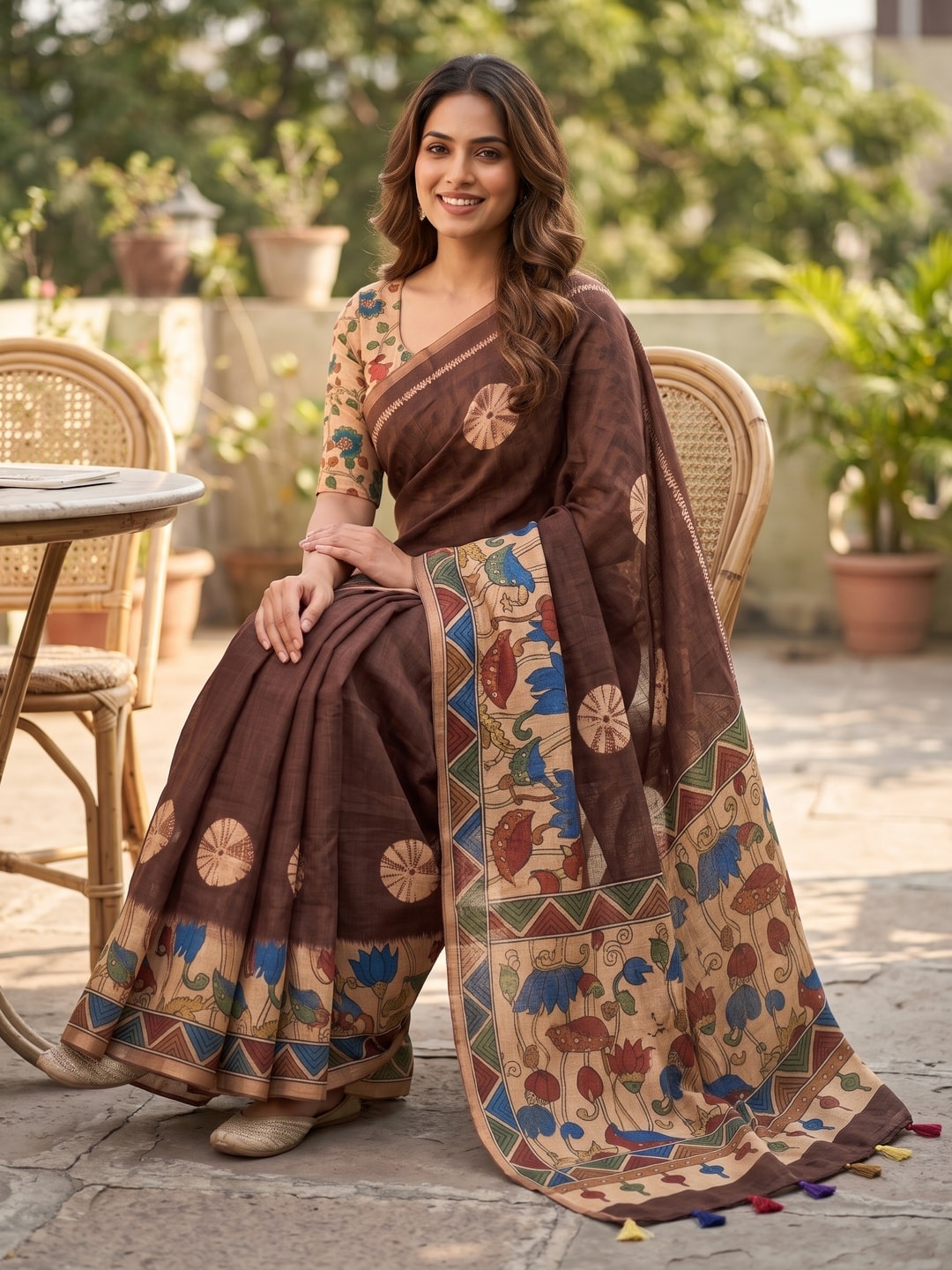 Peachmode Coffee Brown Tie Dye Printed Linen Saree With Zari Border - Image 4