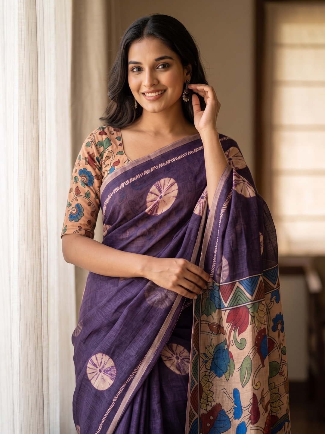 Peachmode Purple Tie Dye Printed Linen Saree With Zari Border - Image 5