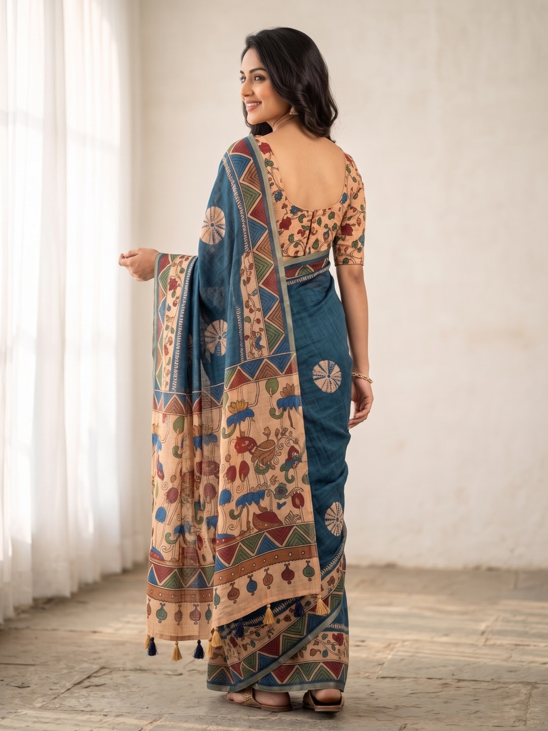 Peachmode Teal Blue Tie Dye Printed Linen Saree With Zari Border - Image 2