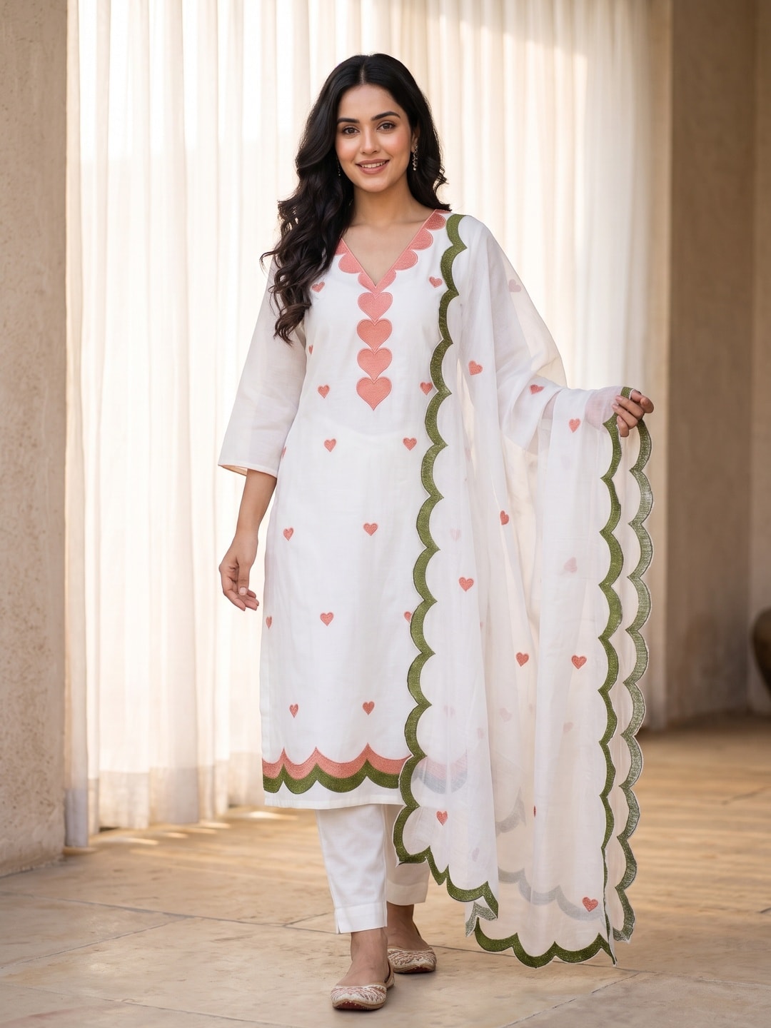 Peachmode White Poly Rayon Unstitched Dress Material With Heart Motif Embroidery And Scalloped Chanderi Dupatta - Image 2