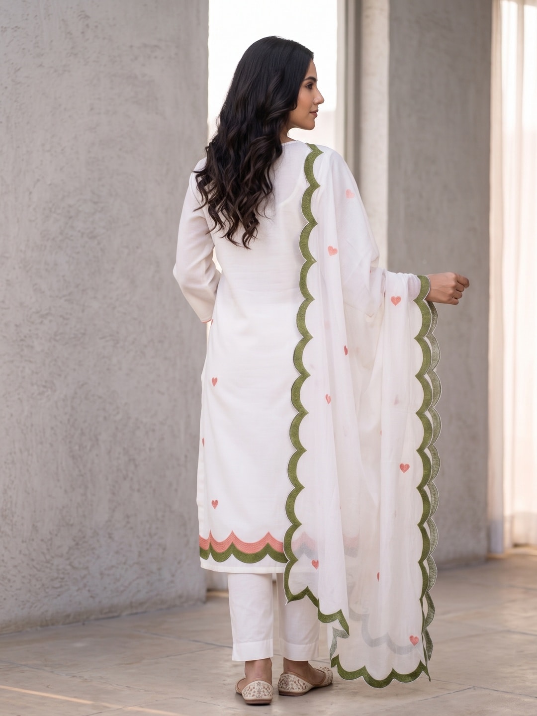 Peachmode White Poly Rayon Unstitched Dress Material With Heart Motif Embroidery And Scalloped Chanderi Dupatta - Image 3