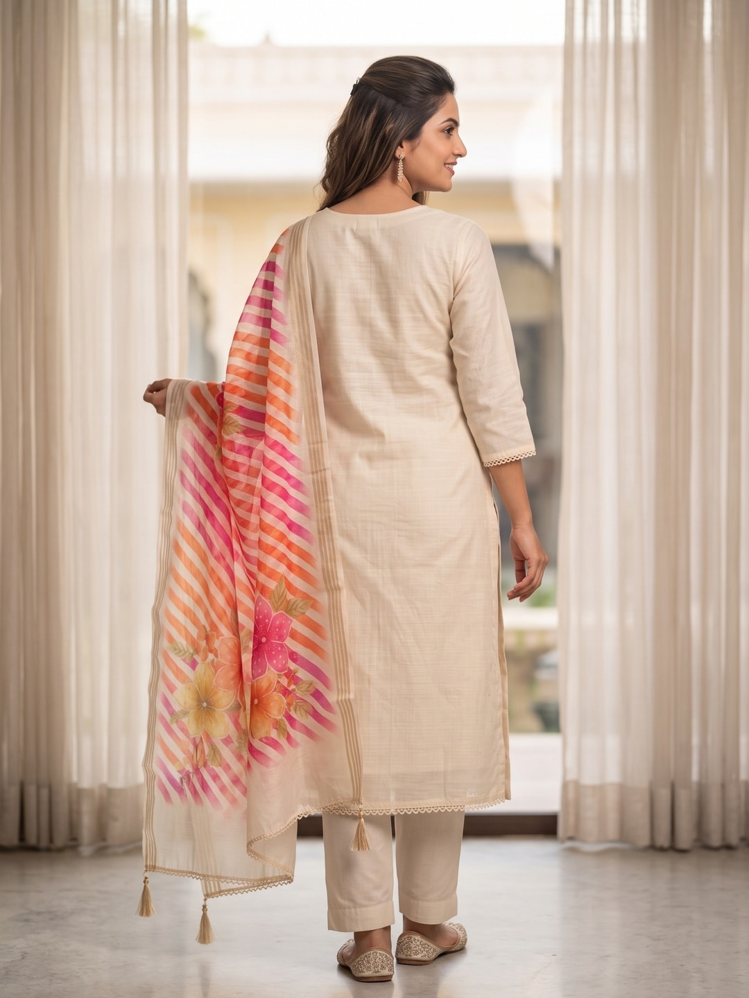 Peachmode Cream Jamdani Cotton Unstitched Dress Material With Sequence Work Yoke And Organza Silk Digital Print Dupatta - Image 3