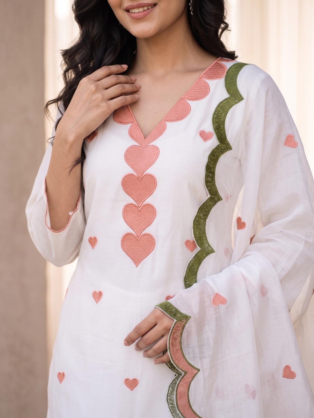 Peachmode White Poly Rayon Unstitched Dress Material With Heart Motif Embroidery And Scalloped Chanderi Dupatta - Image 4