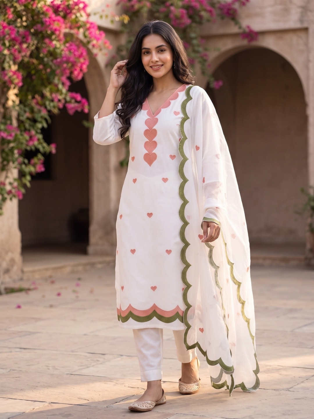 Peachmode White Poly Rayon Unstitched Dress Material With Heart Motif Embroidery And Scalloped Chanderi Dupatta - Image 5