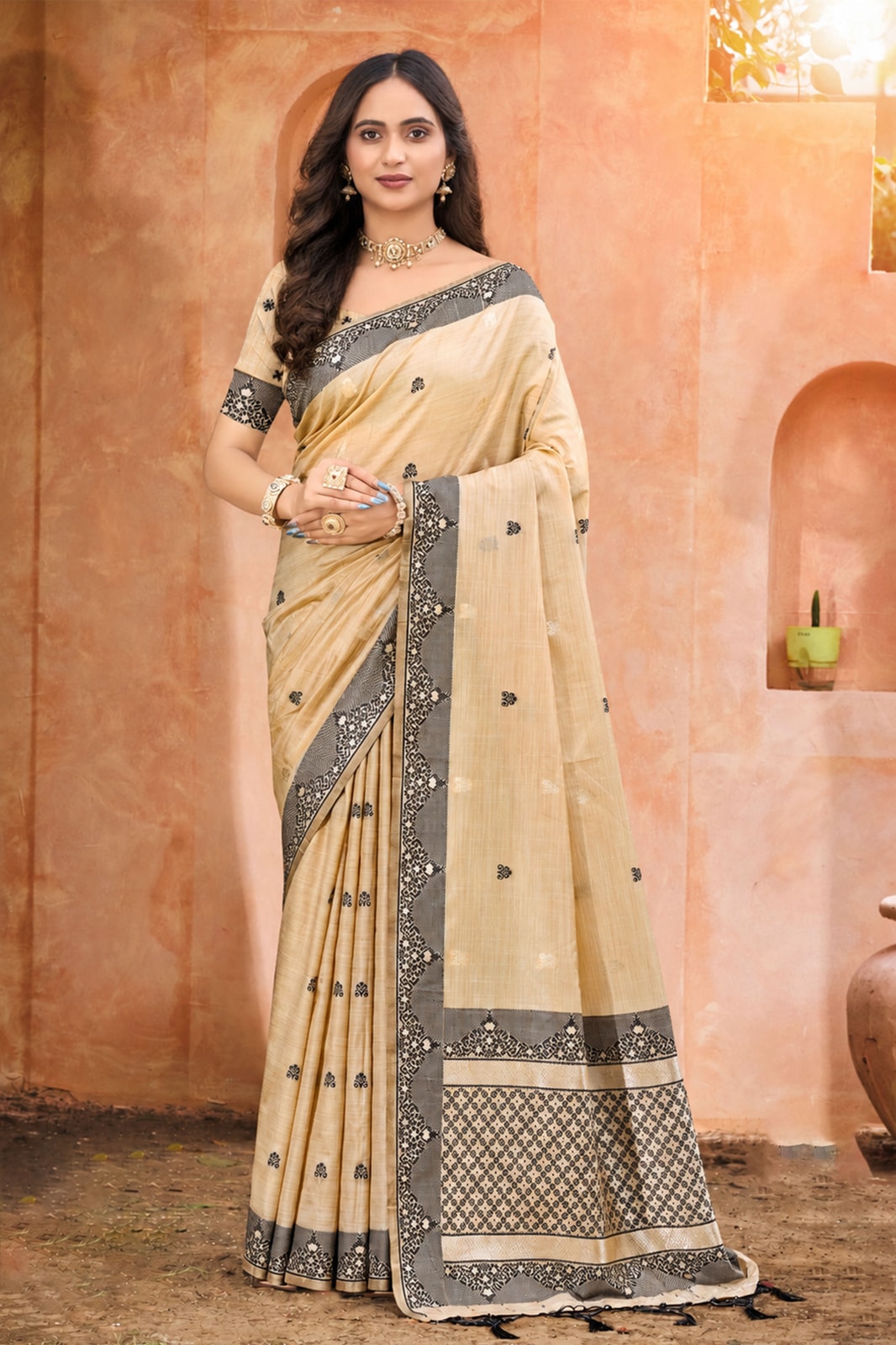 Peachmode Beige with Black Assam Silk Saree With Geometric Woven Border, Contrast Pallu & Buta Motifs - Image 1