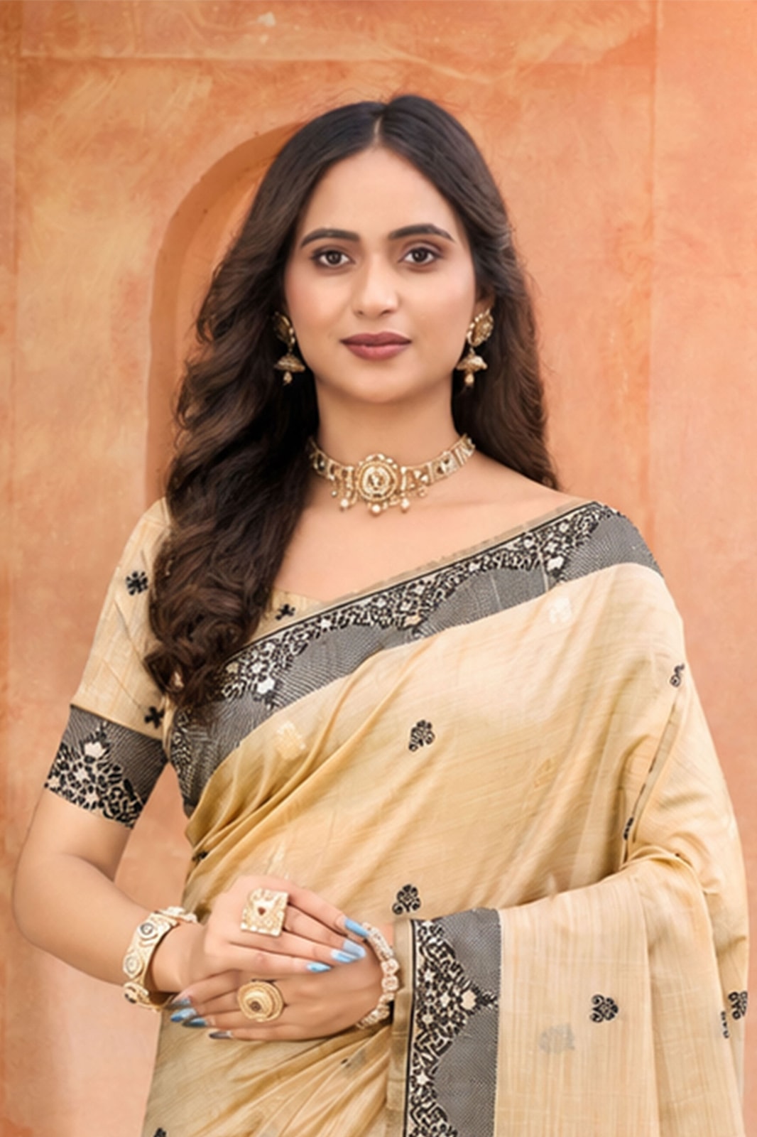 Peachmode Beige with Black Assam Silk Saree With Geometric Woven Border, Contrast Pallu & Buta Motifs - Image 4