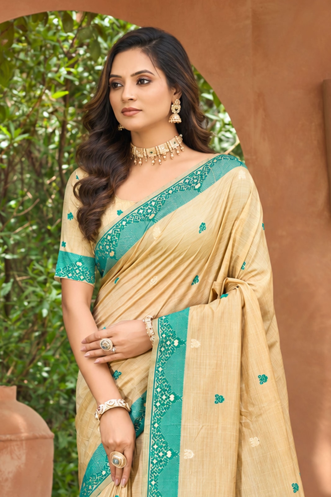 Peachmode Beige with Teal Blue Assam Silk Saree With Geometric Woven Border, Contrast Pallu & Buta Motifs - Image 4