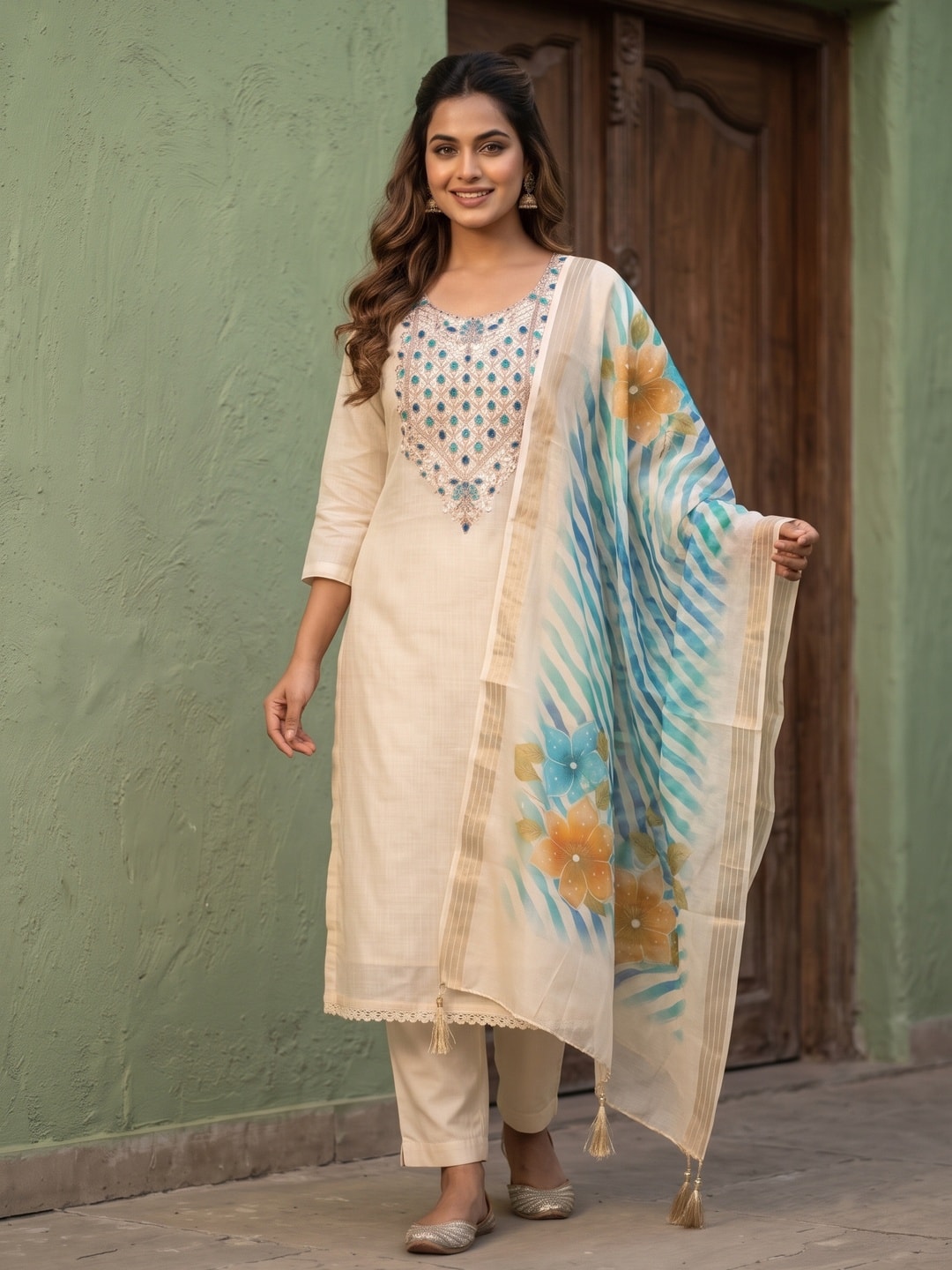 Peachmode Cream Jamdani Cotton Unstitched Dress Material With Sequence Work Yoke And Organza Silk Digital Print Dupatta - Image 2