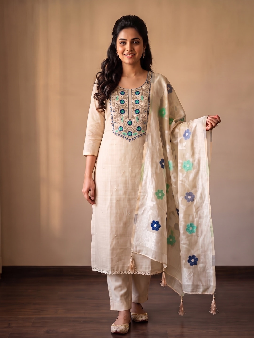Peachmode Cream Jamdani Cotton Unstitched Dress Material With Multi Thread Work Yoke And Jamdani Zari Dupatta - Image 2