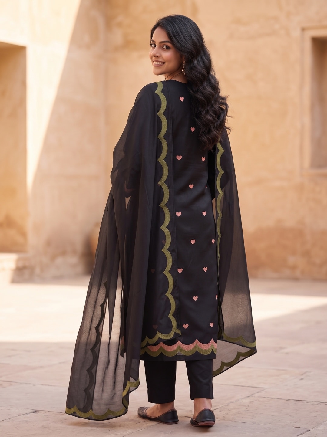 Peachmode Black Poly Rayon Unstitched Dress Material With Heart Motif Embroidery And Scalloped Chanderi Dupatta - Image 3