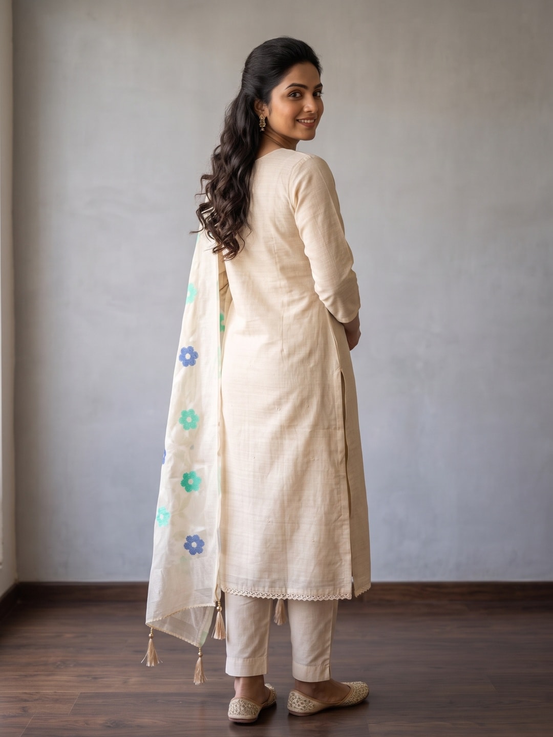 Peachmode Cream Jamdani Cotton Unstitched Dress Material With Multi Thread Work Yoke And Jamdani Zari Dupatta - Image 3