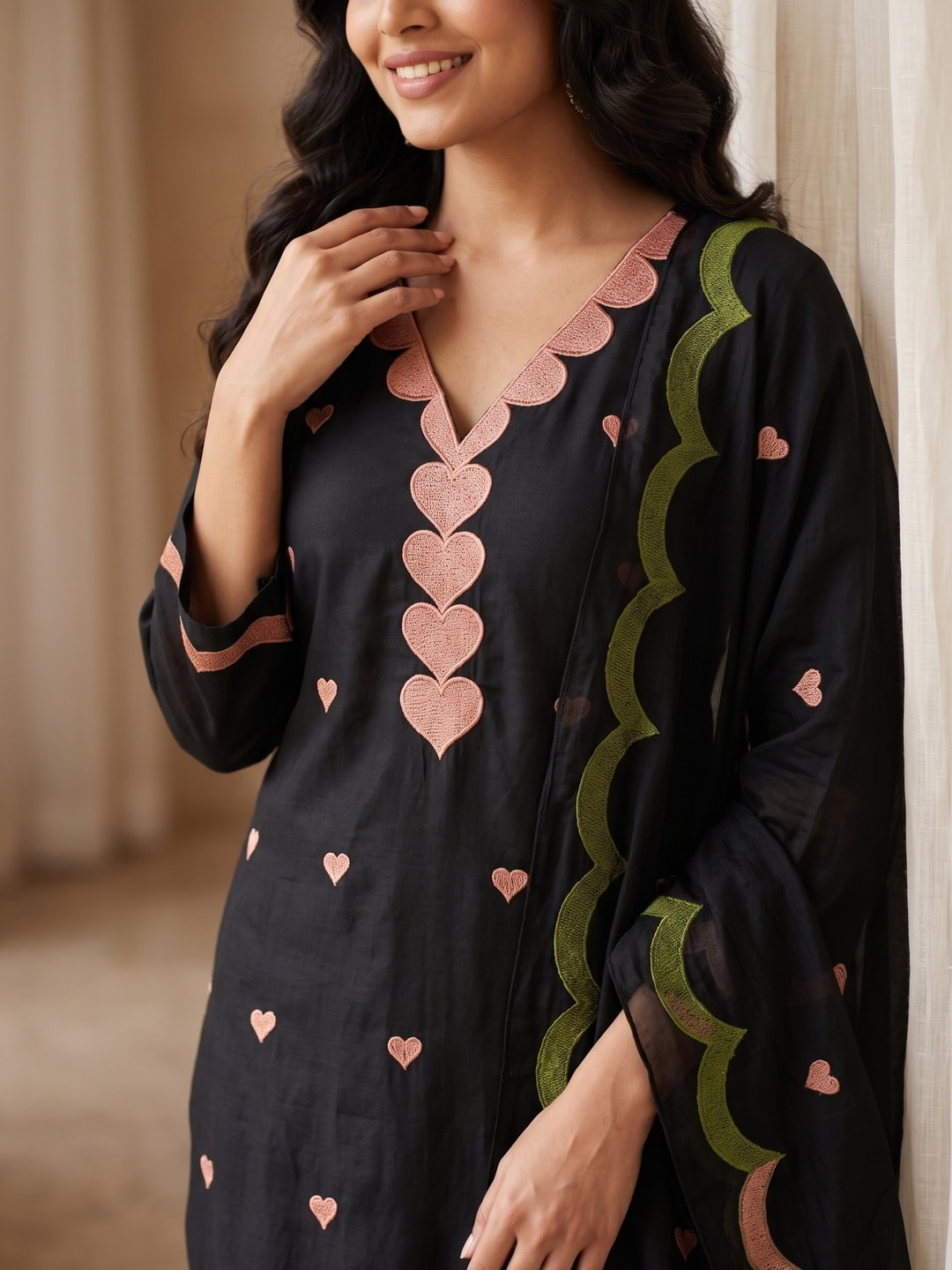 Peachmode Black Poly Rayon Unstitched Dress Material With Heart Motif Embroidery And Scalloped Chanderi Dupatta - Image 4