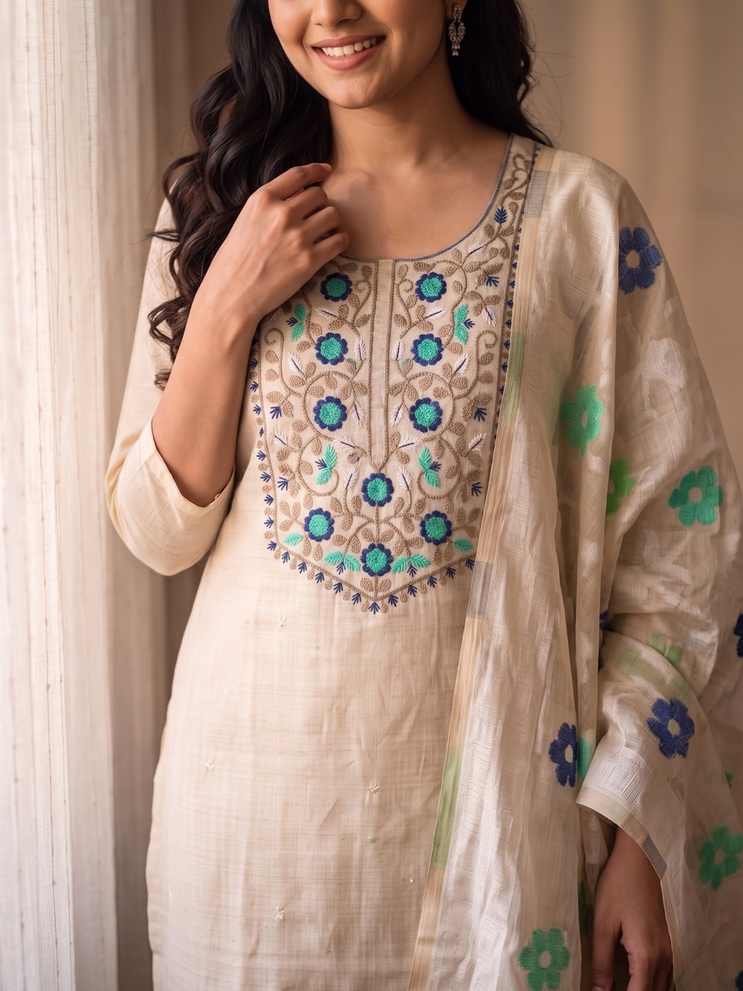 Peachmode Cream Jamdani Cotton Unstitched Dress Material With Multi Thread Work Yoke And Jamdani Zari Dupatta - Image 4